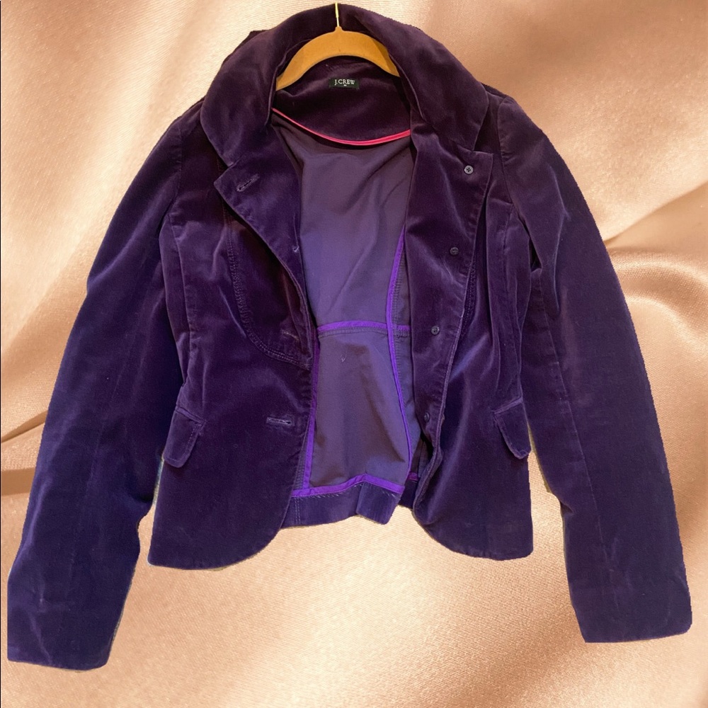 J Crew Velvet Structured Purple Jacket Size 6 Leather Buttons
